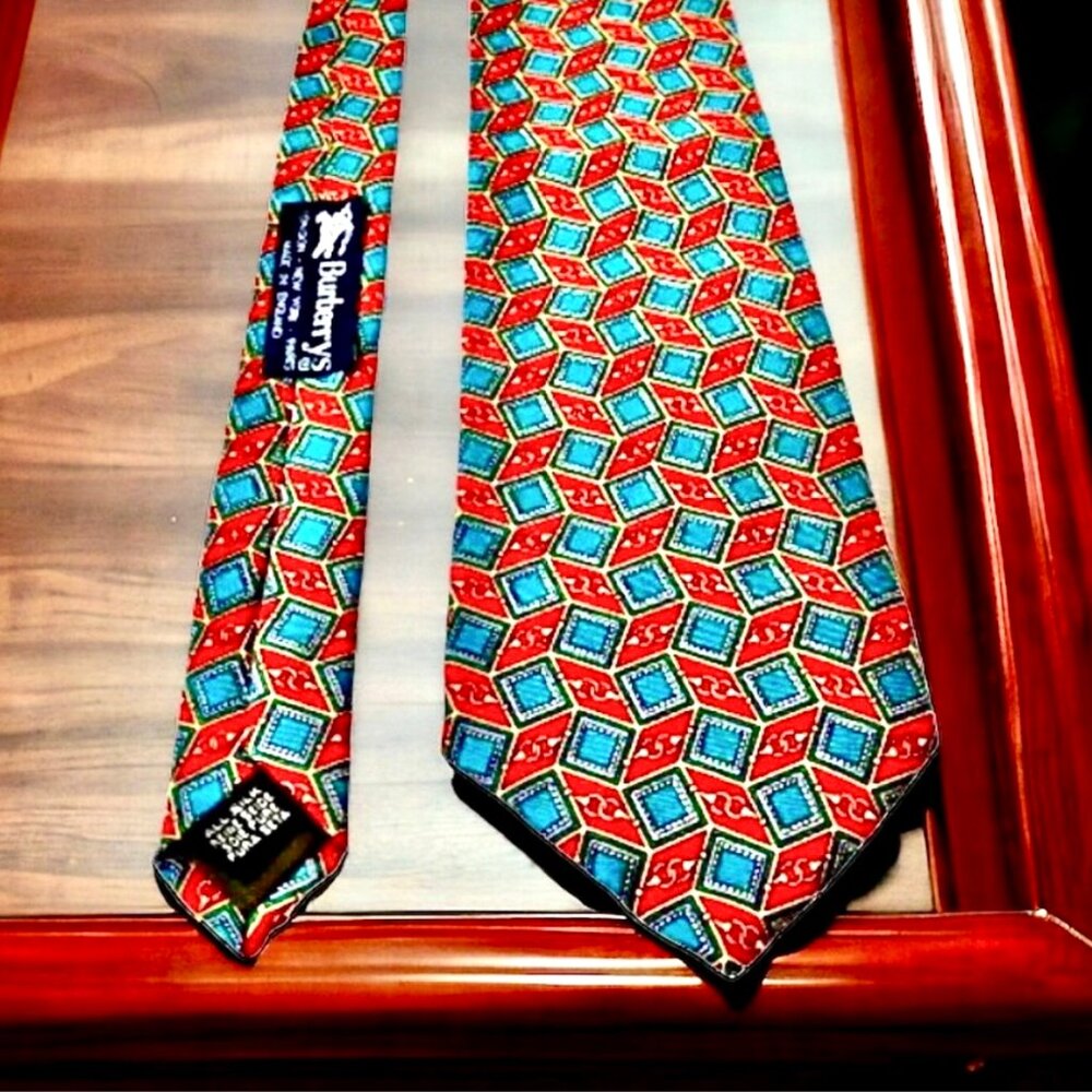 Vintage Burberrys Burberry Silk Tie Geometric Medallion Red Teal England
